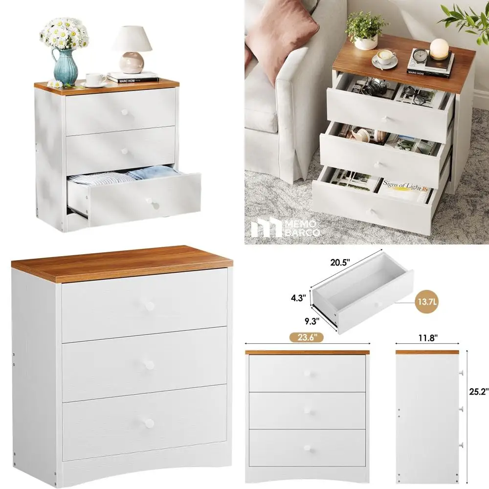 

Wooden Farmhouse-Style 3-Drawer Nightstand, White & Walnut, Ideal for Small Spaces