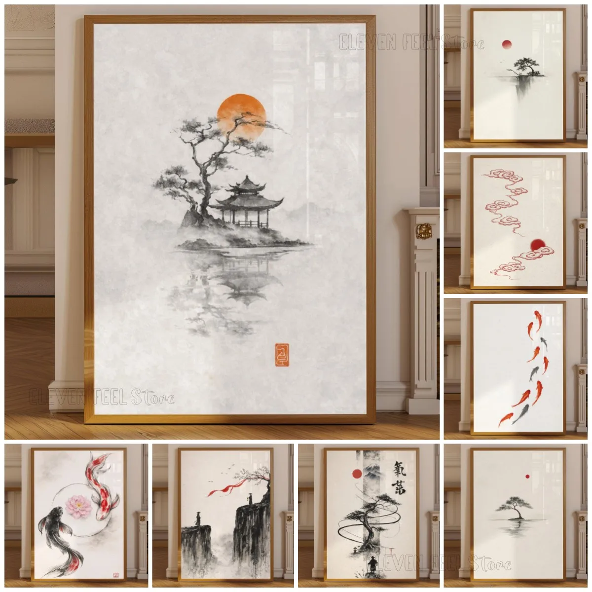 Japanese Ink Tree Poster Wabi Sabi Bonsai Wall Art Print with Red Sun, Minimalist Zen Decor for Office, Neutral Art Home Gift