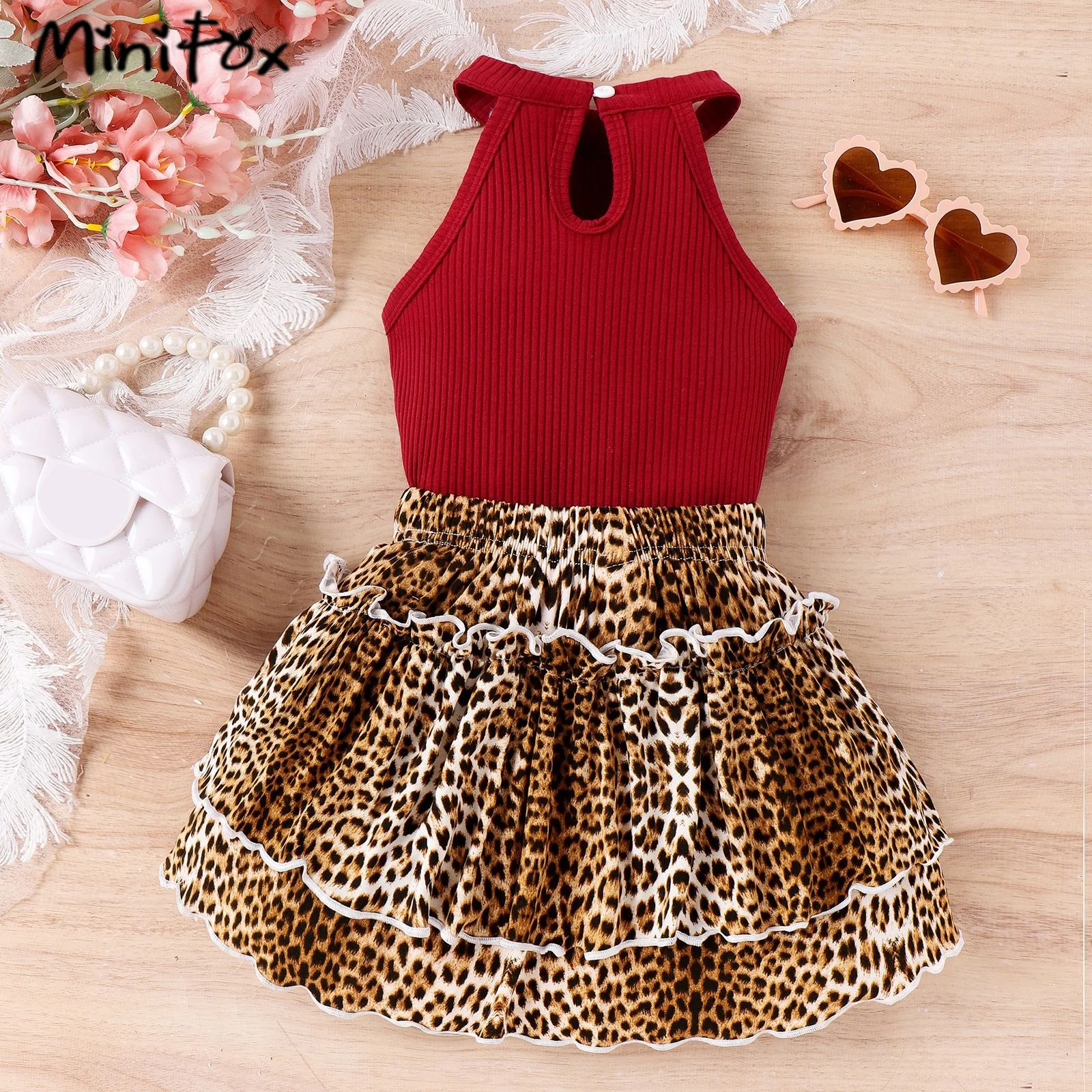 MiniFox 2pcs Summer Sets For Girls Kids Heart Graphic Halter Neck Top and Leopard Cake Skirts Children\'s Clothing Girls Outfit