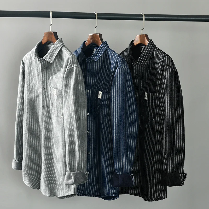 Winter Men's Fleece Lined Warm Thick Shirts Classical Button Down Tops Male Lapel Brushed Striped Flannel Long Sleeve Shrit