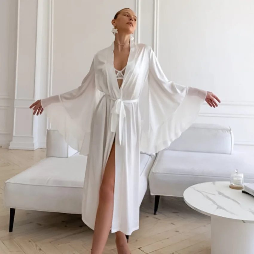 2026 New Satin Horn Sleeves Light Pajamas Spring and Summer Long Pajamas Breathable and Comfortable Loungewear