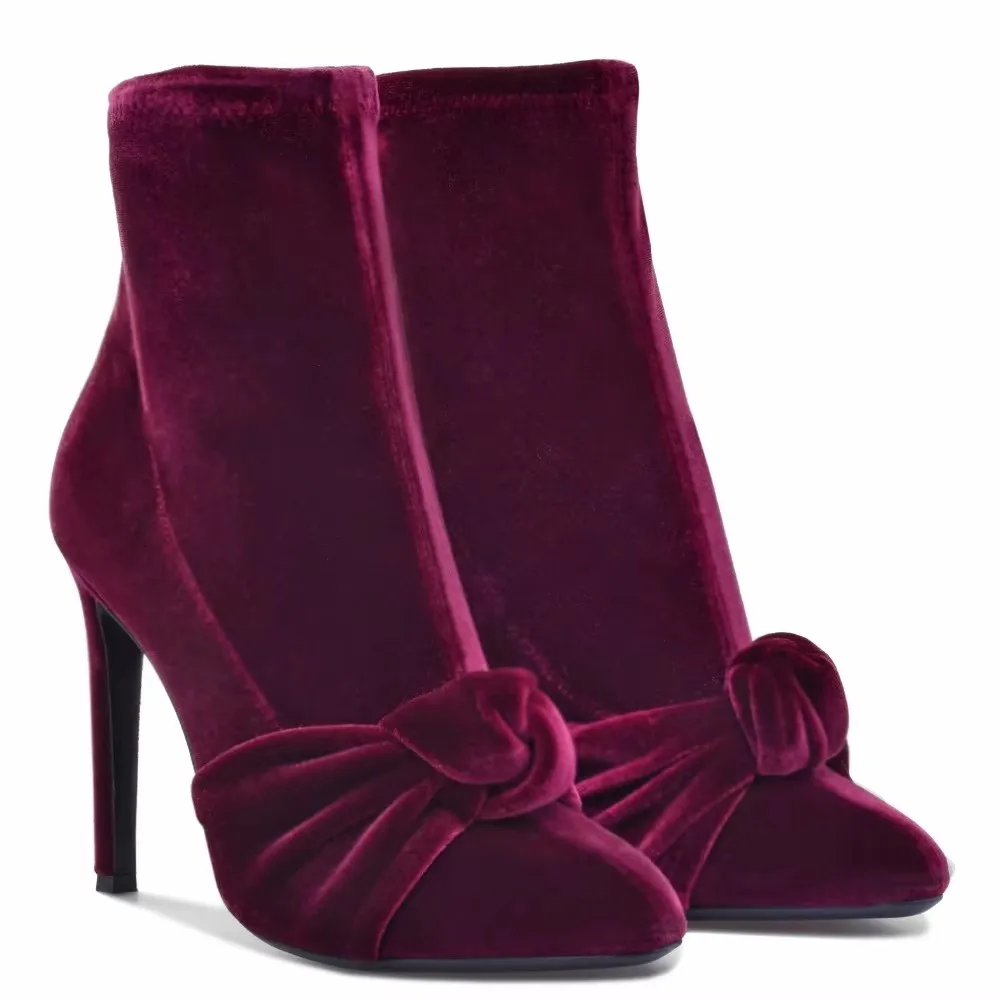 

Burgundy Stretch Velvet Bow Knot Pointed Toe Ankle Boots Stiletto High Heels Women Gladiator Butterfly Knot Slip On Sock Boots