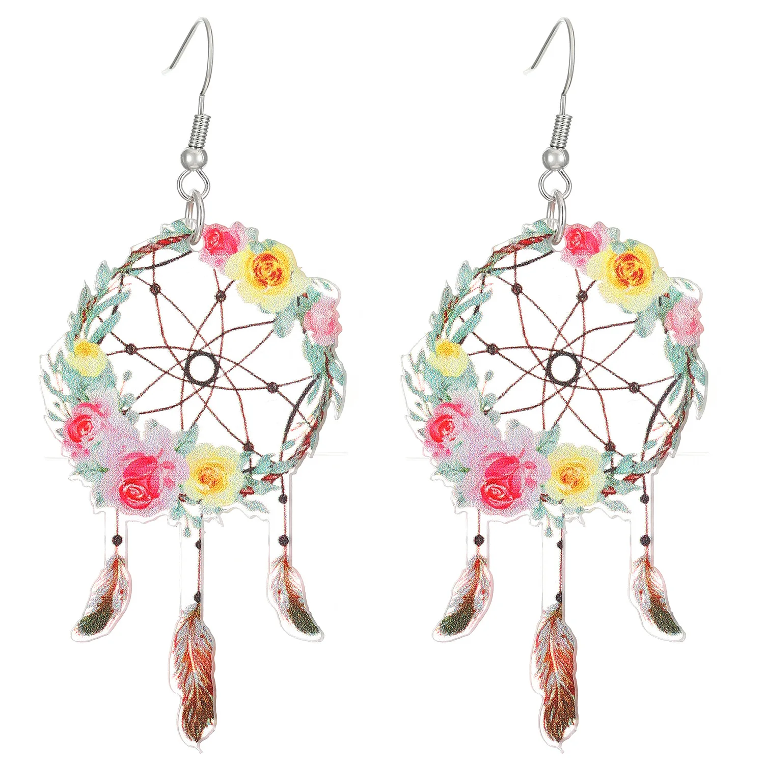 

SHXIS925 Silver Hypoallergenic Bohemian Dreamcatcher Earrings, Sunflower - Feather Acrylic Ethnic Jewelry 2025