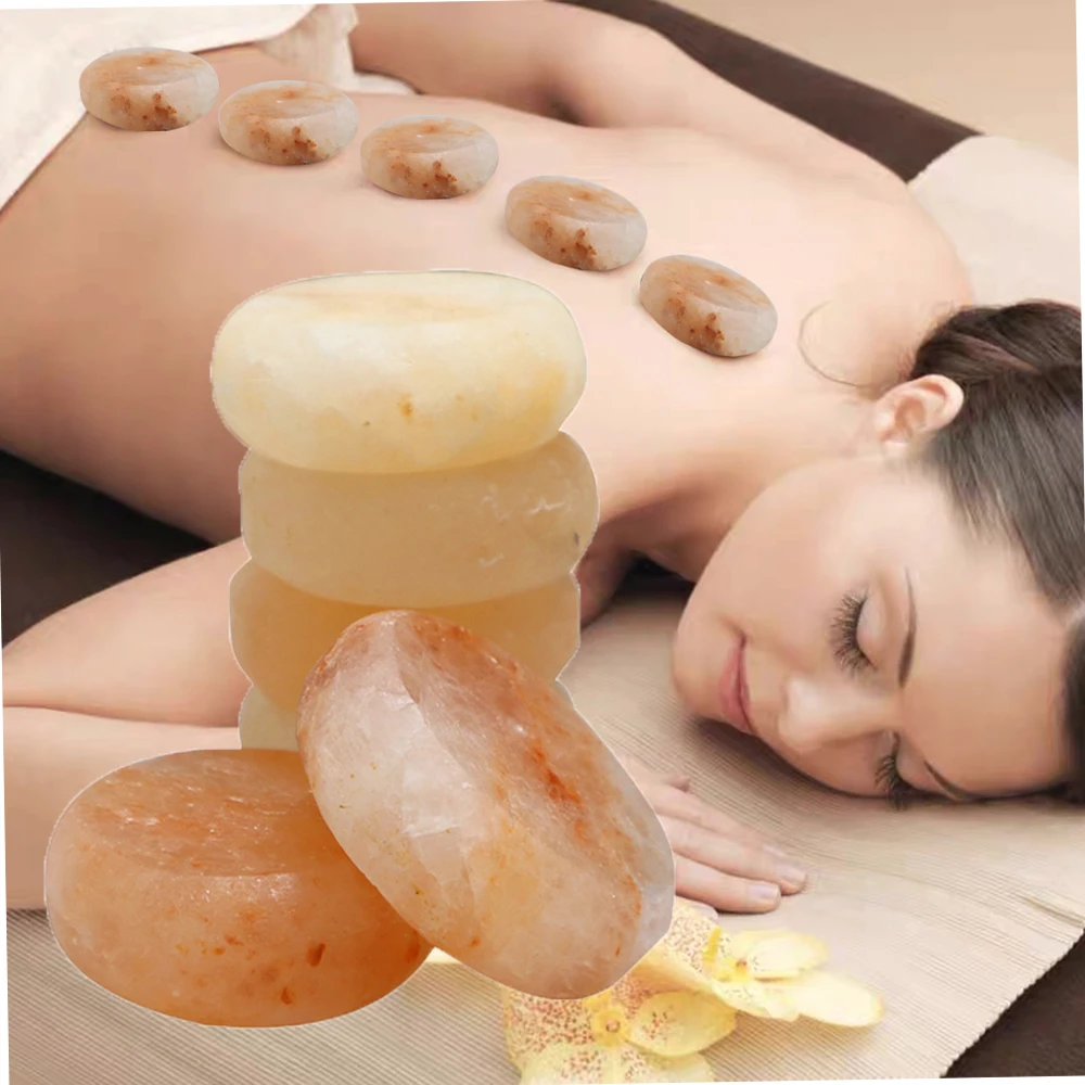 6PCS Hot Stone Therapy Hydrotherapy Massage Oval Natural Himalayan Salt Pink Crystal Hot Stone Promotes Blood Circulation