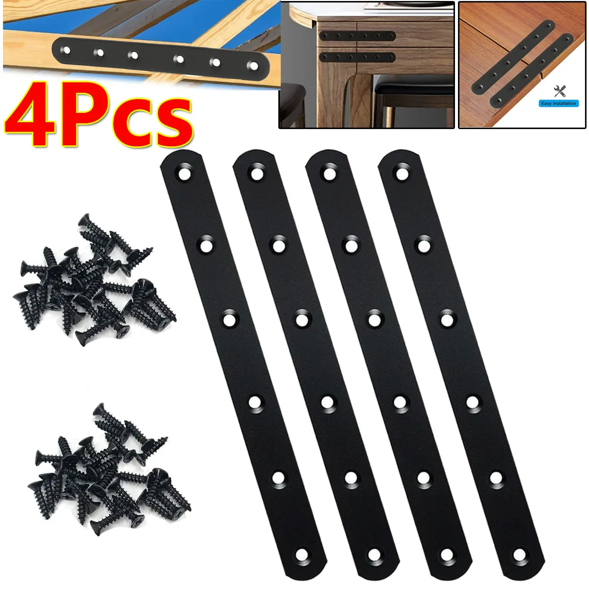 4Pcs Black Flat Straight Braces Stainless Steel Straight Brackets Screws Metal Mending Plate for Wood Heavy Duty Repair Joining