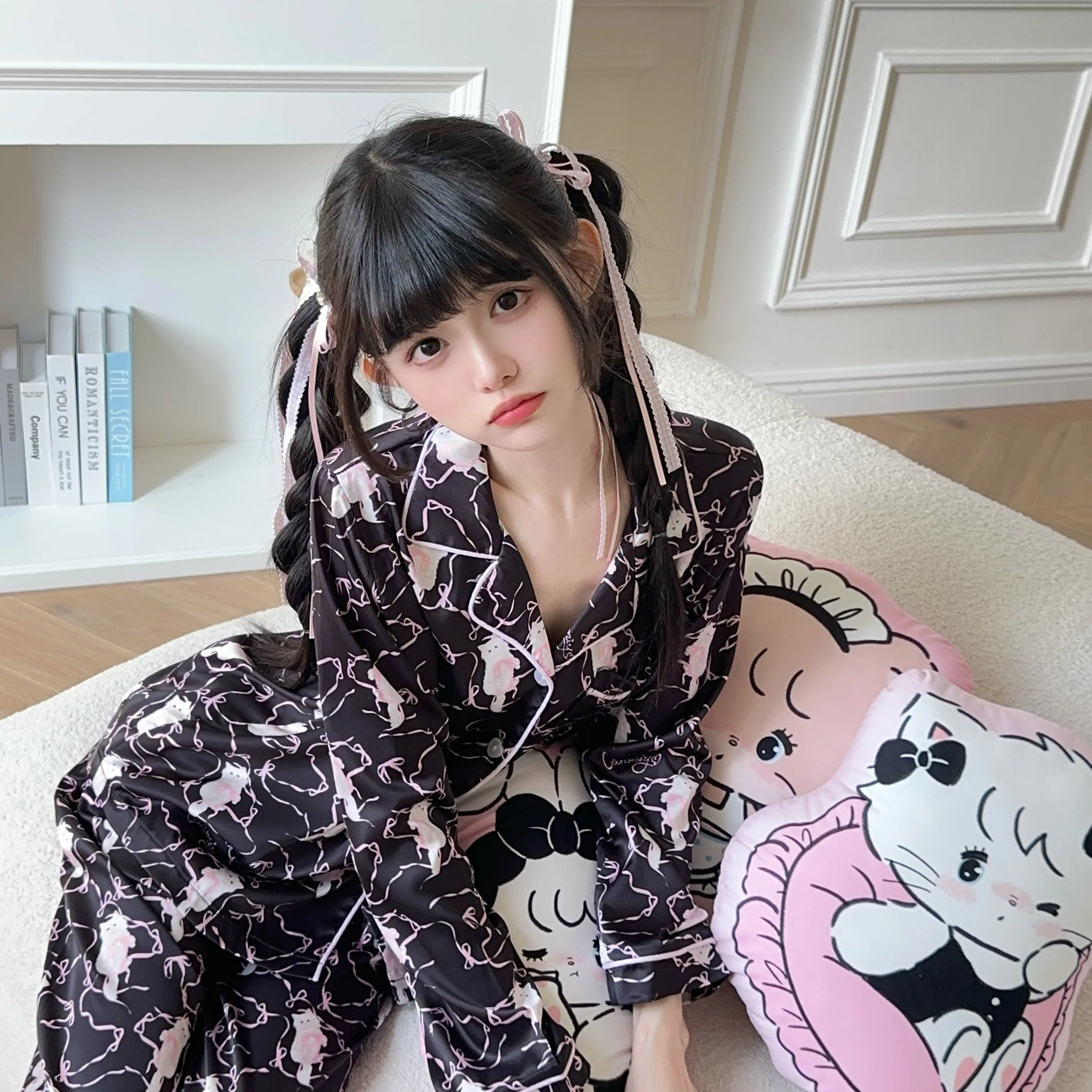 Spring and Summer Long Sleeve and Short Sleeve Cartoon Cat Printing Polyester Silk Cute Ice Silk Loungewear Pajama Suit Women
