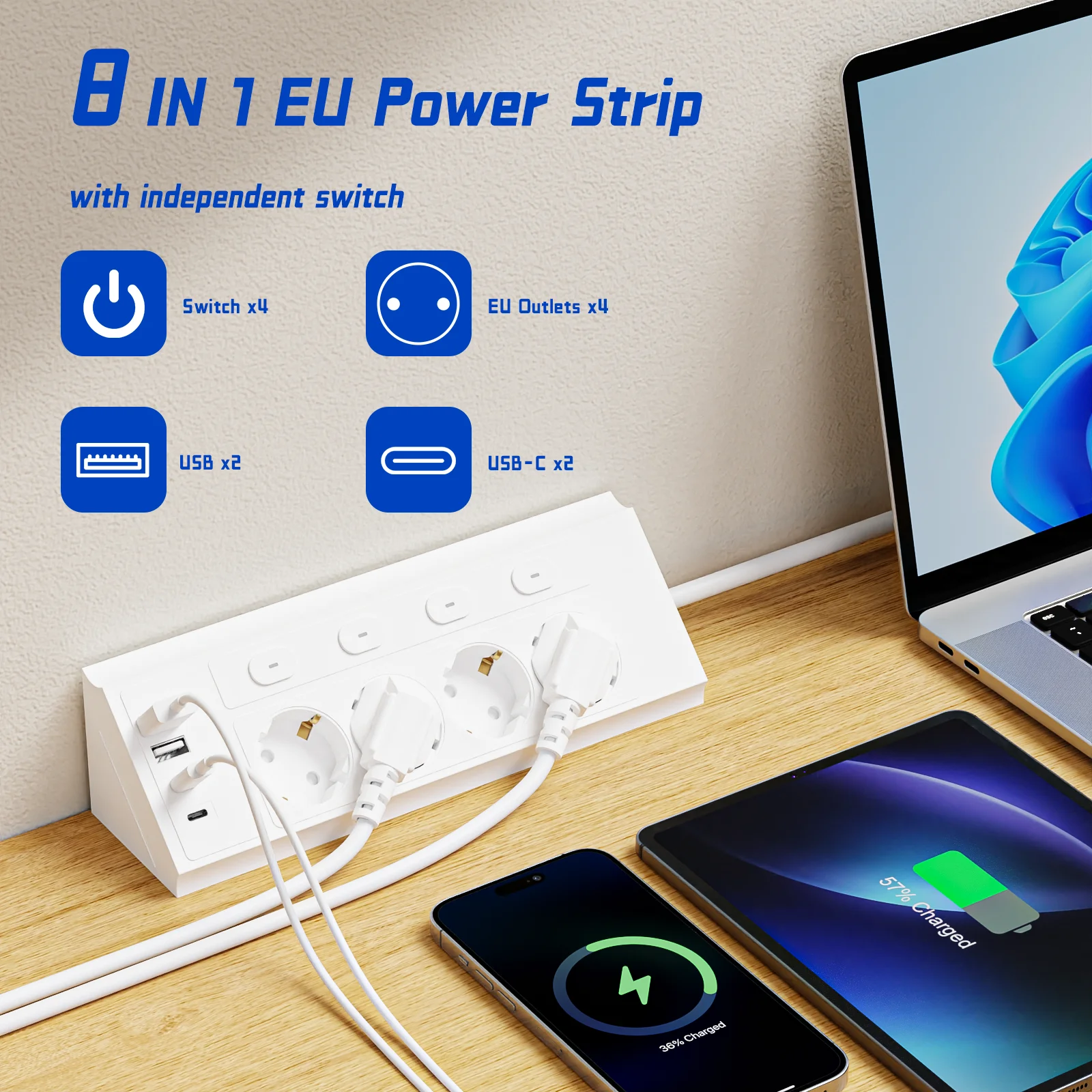 8-in-1 EU 4-switch power strip, 1.5-meter extension power strip, 4 AC sockets, 2 USB 2 Type-C ports, corner power strip, indepen