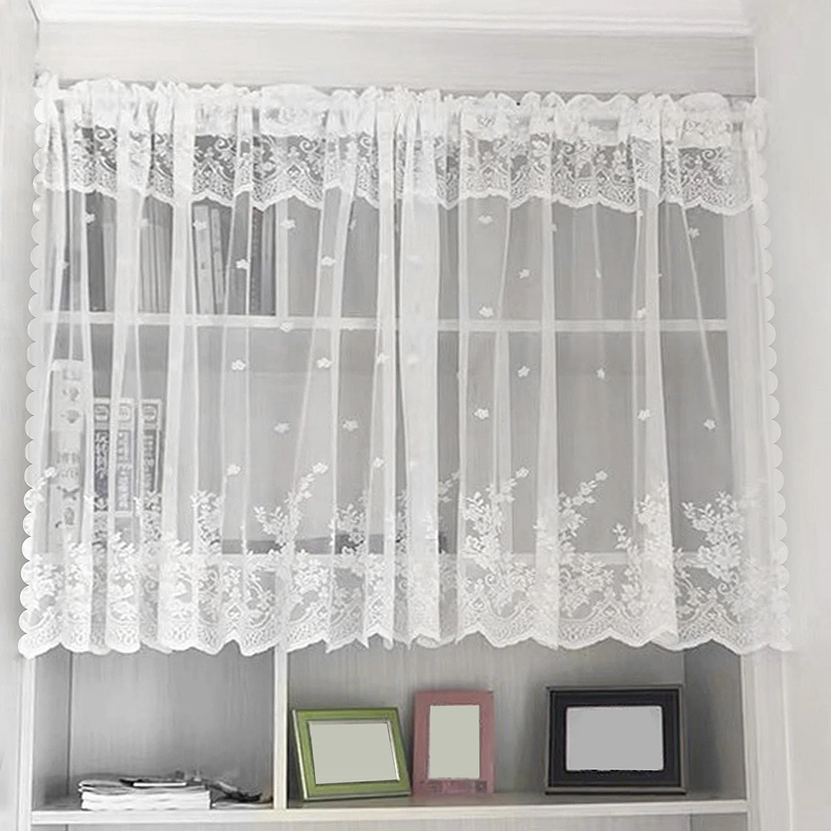 1PC White Short Lace Curtain,Cute Floral Pattern Kitchen Valance,Window Valances Pastoral Tulle Voile Home Decor Kitchen Door