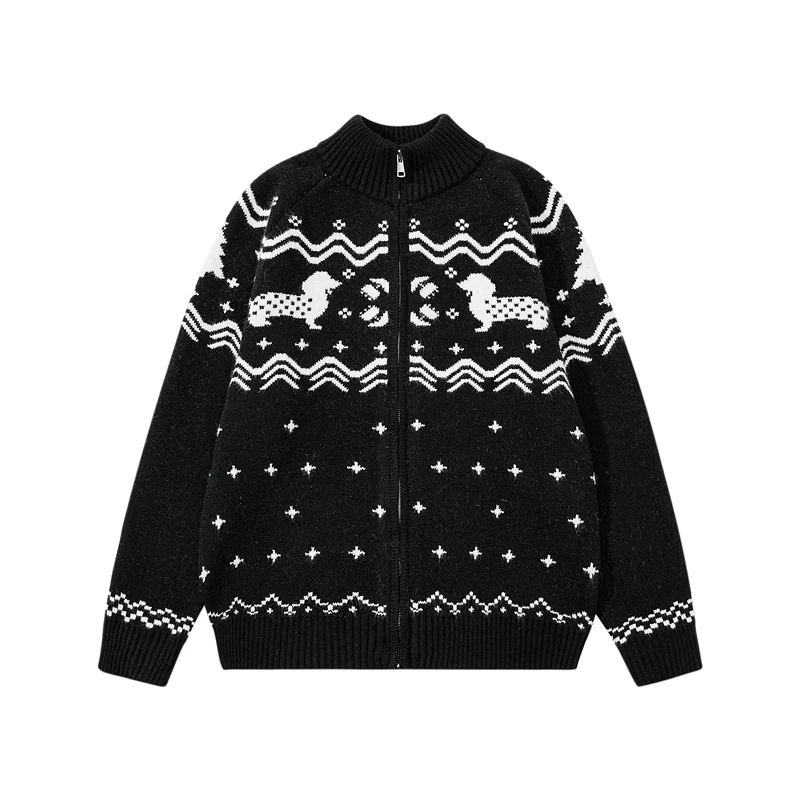 

Warmth And Sle GXFortune Zip-Up Knitwear for Men And Women Vintage Loose Fit Zippered Cardigan Sweater with Dog Pattern