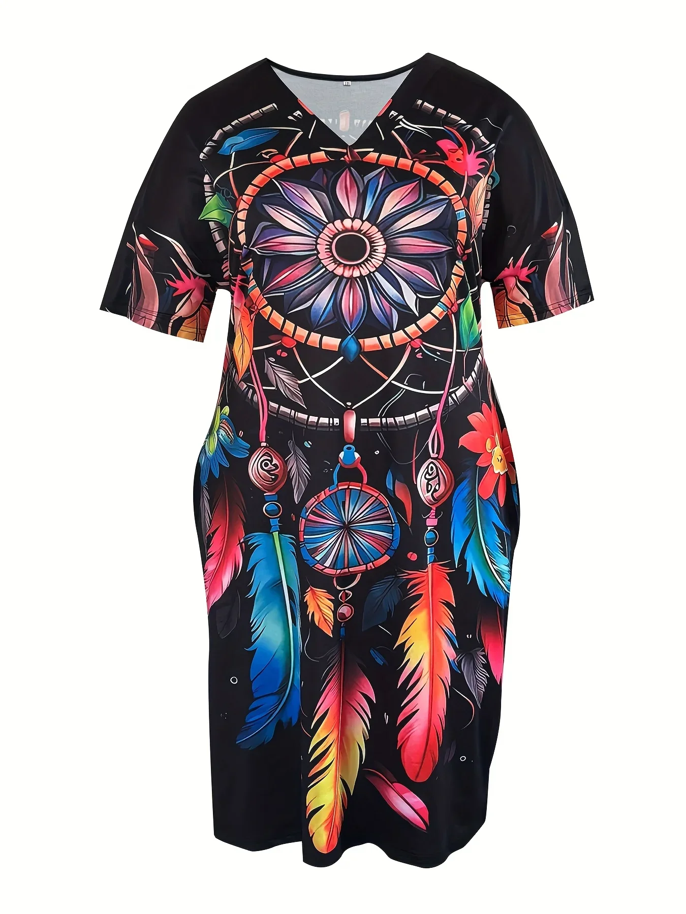 Plus Size Women Dreamcatcher Print Dress, V Neck Short Sleeve Casual Midi Dress with Pockets, Summer Loose Ladies Shift Dress