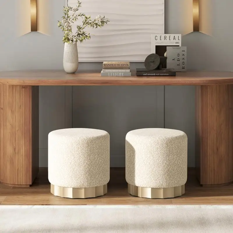 

18" Round Upholstered Ottoman, Scalloped Base, Speckled Egg Beige Chenille Fabric