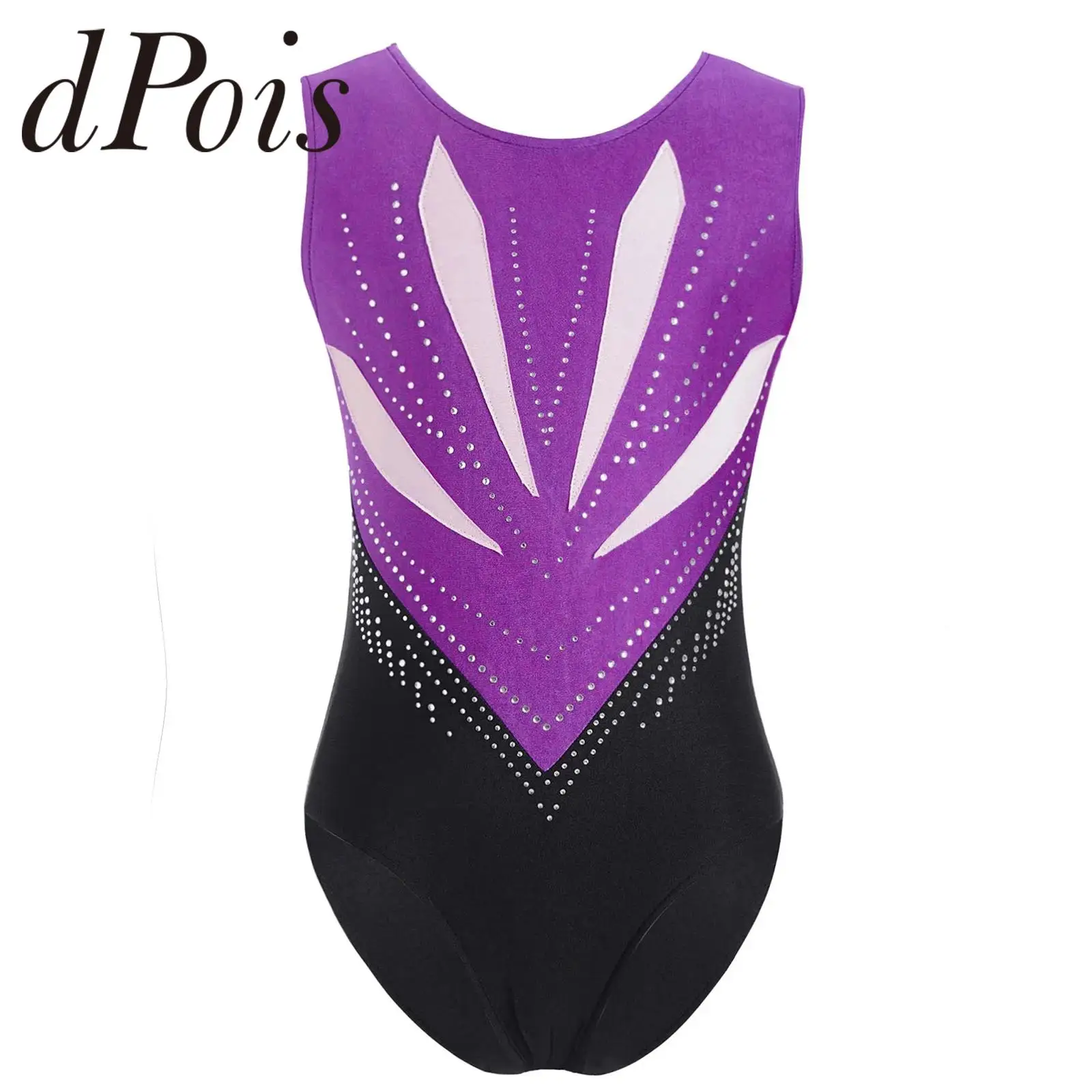 Kids Girls Rhythmic Gymnastics Ballet Leotard Figure Skating Costume Dancewear Bowknot Cutout Back Sparkly Rhinestones Bodysuit