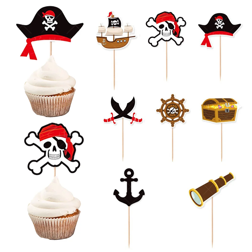 

24Pcs Pirate Cupcake Toppers Decoration Pirate Skull Treasure Box Ship Anchor Pirate Theme Birthday Party Baby Shower Supplies