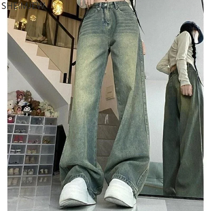 Retro Faded Wide-leg Jeans High Waist Loose Slim Student Floor-length Pants 2025 Retro Washed Distressed Straight Wide-leg Pants