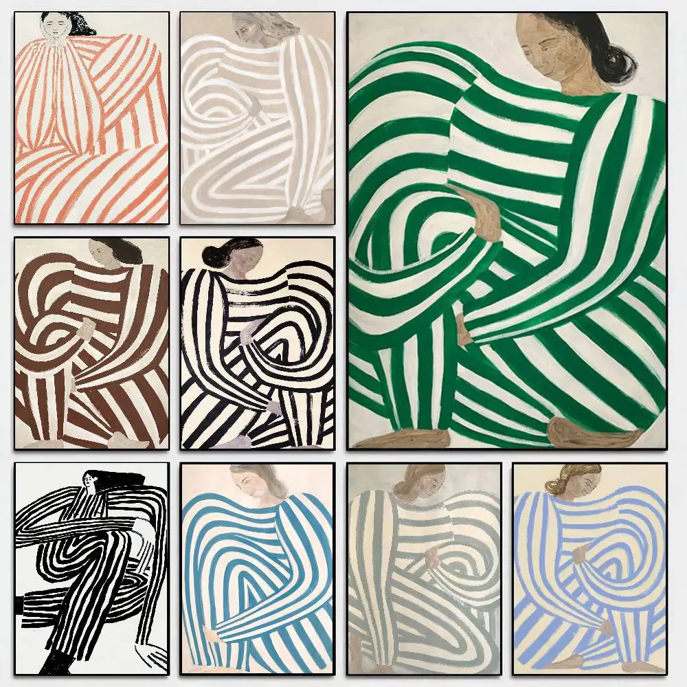 Abstract Line Curve Striped Clothes Woman Poster Self-adhesive Art Room Entrance Restaurant Wall Decor Art Painting