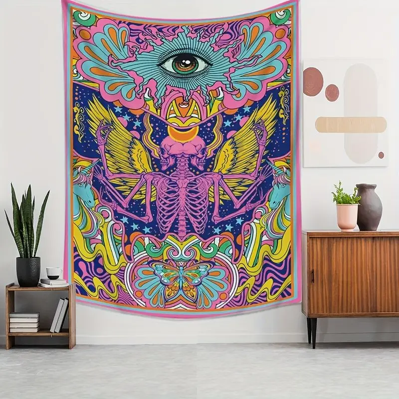 VIKAMA Psychedelic Rainbow Wing Skeleton Bohemian Tapestry Hanging Cloth Trendy Cool Wall Decoration Room Decoration