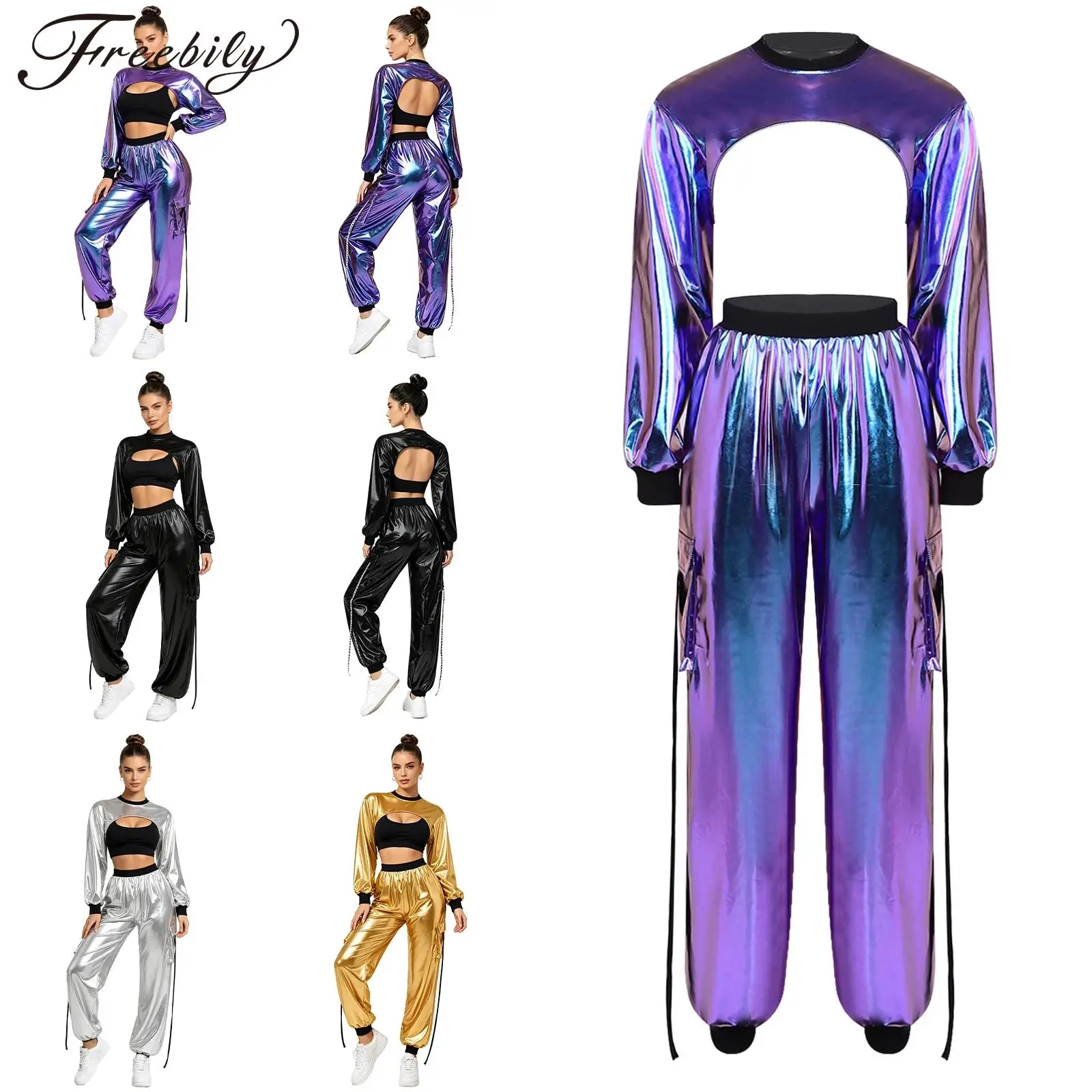 Women Shiny Metallic Jazz Hip Hop Dance Disco Bar Outfit Long Sleeve Crop Top And Letter Printed Band Cargo Pants Set