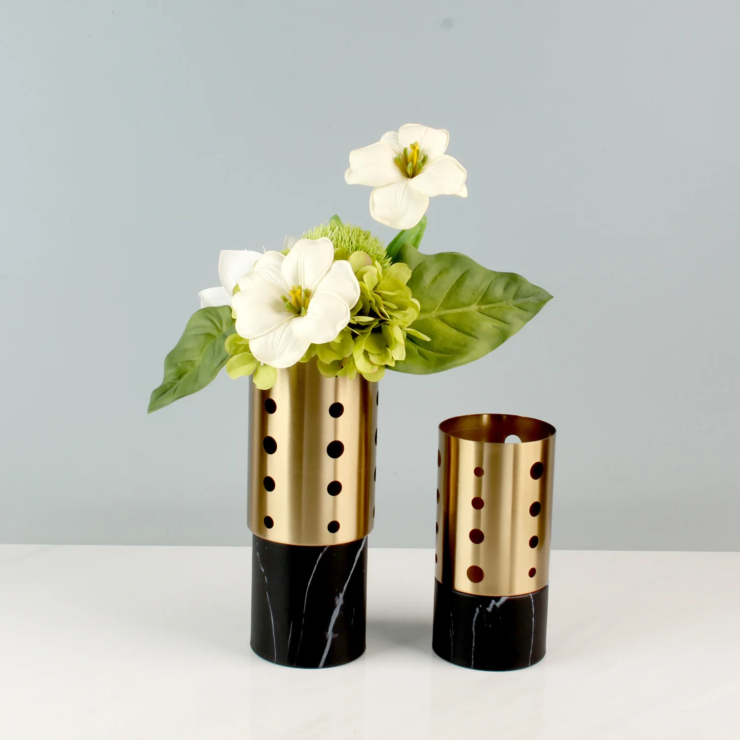 Vaso de mármore de metal oco vaso de flores cilíndrico vaso de flores de mármore arranjo de flores acessórios de decoração para casa