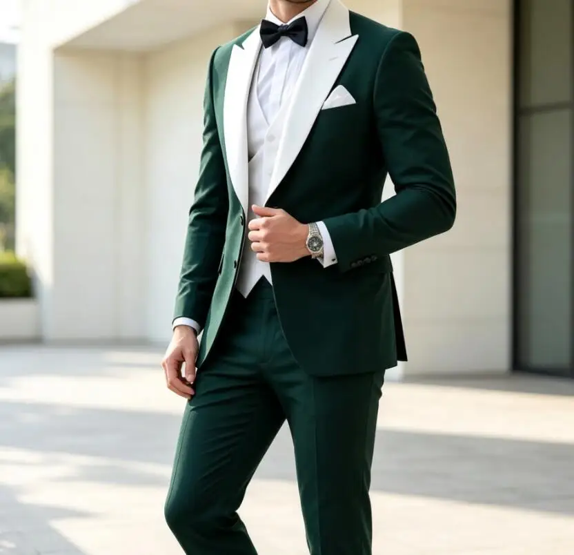 Formal Business Men Suit Dark Green with White Vest Groom Groomsman Wedding Party Prom Male Tuxedo 3 Piece Set Blazer Vest Pants