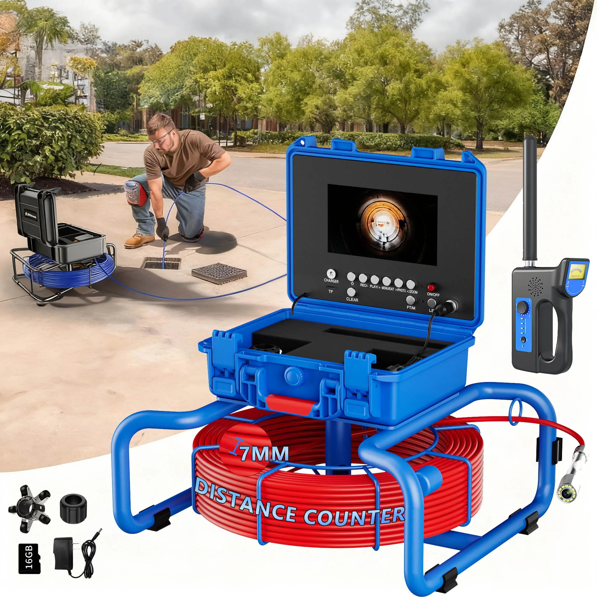 

7" 1080P AHD DVR Sewer Camera Auto-Leveling AHD 1080P IP68 Pipe Inception Endoscope 16G 4500mAh with 7mm 30/50/60/80/100M