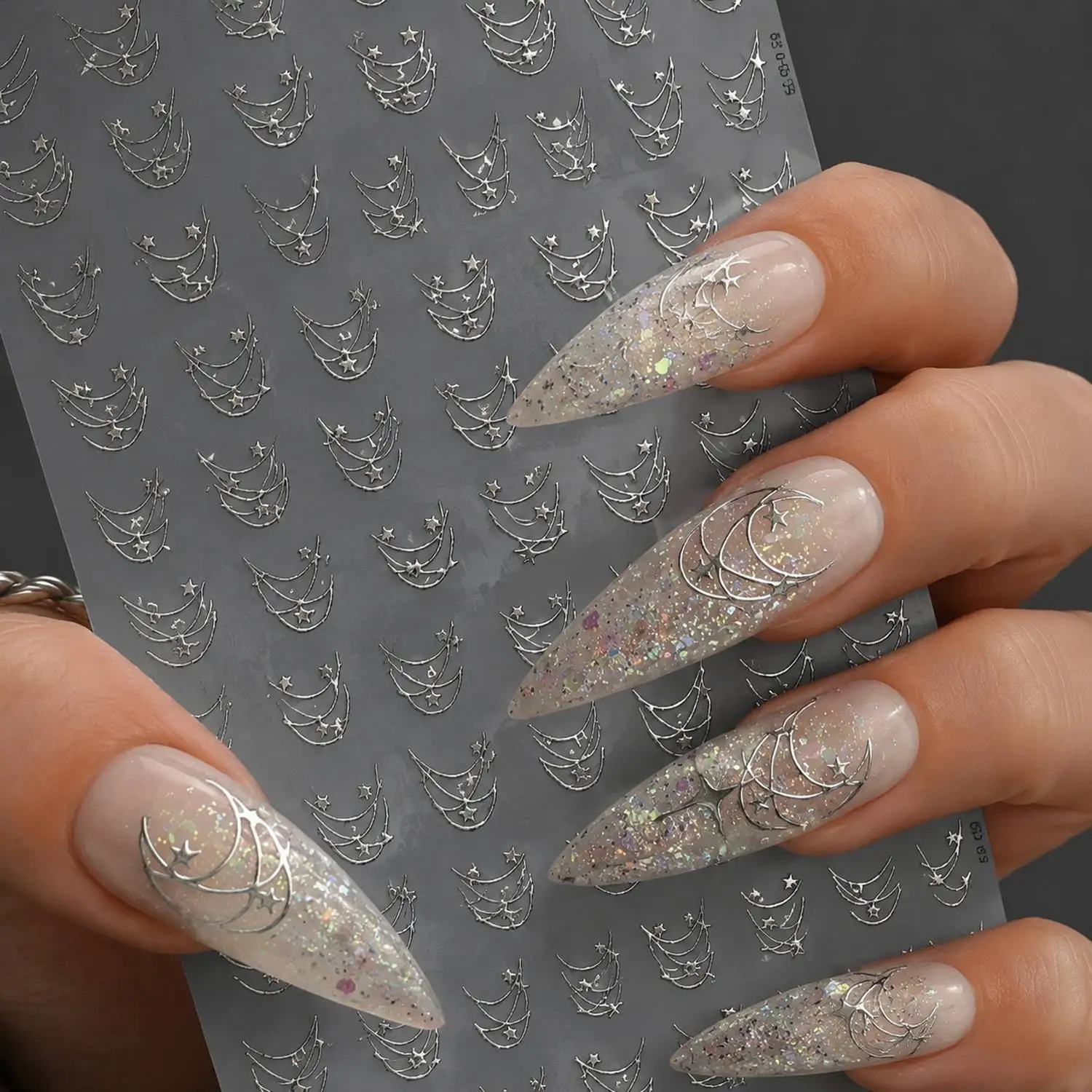 1Pc Silver Celestial Star Nail Sticker, Five-Pointed Star & Moon Nail Decal, Cosmic Manicure Nail Slider For Wedding Art