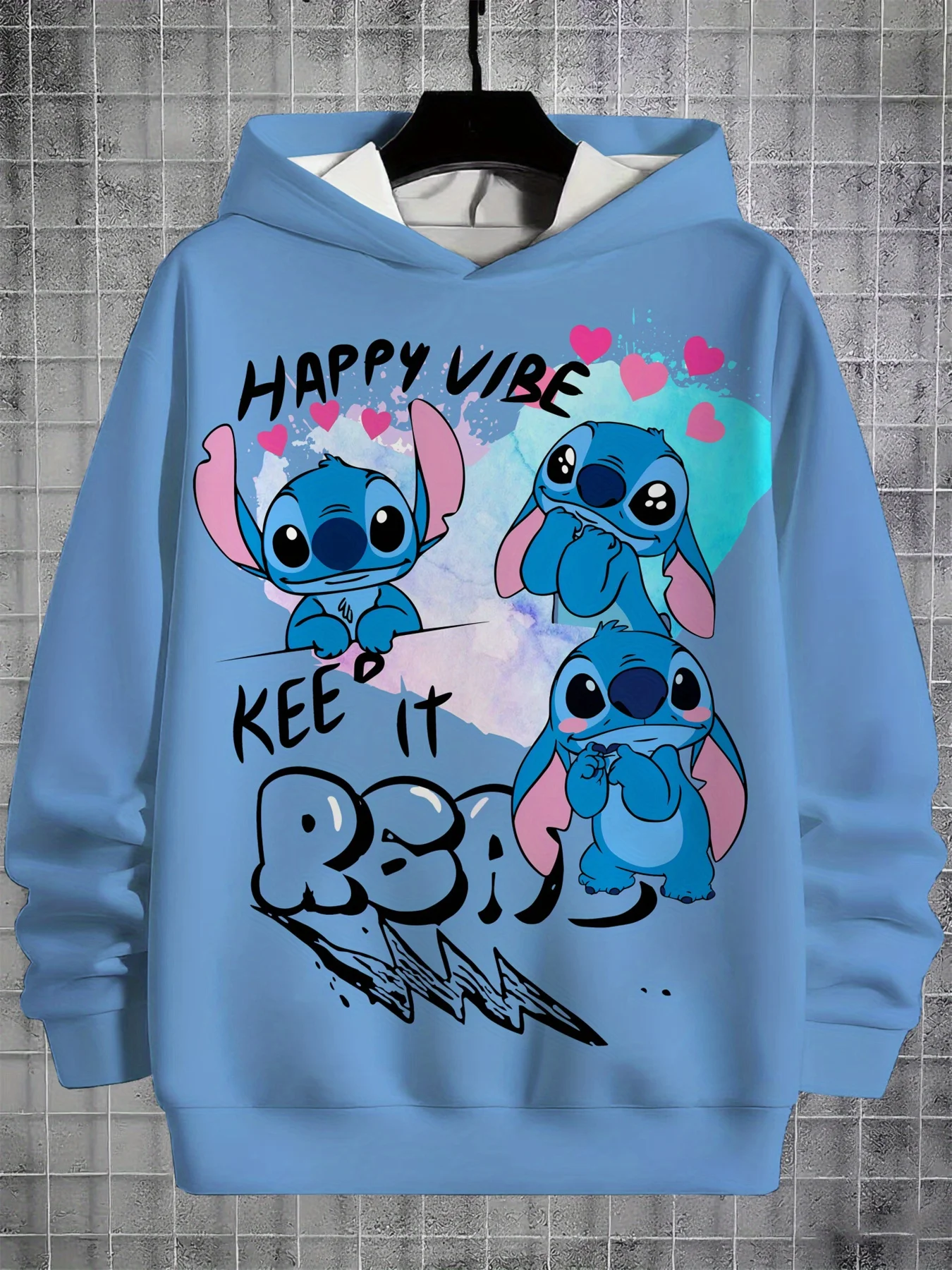 

Disney Stitch Fun Girl Hoodie with "Stay Happy" text print cute pullover sweater for going out mother daughter matching clothes