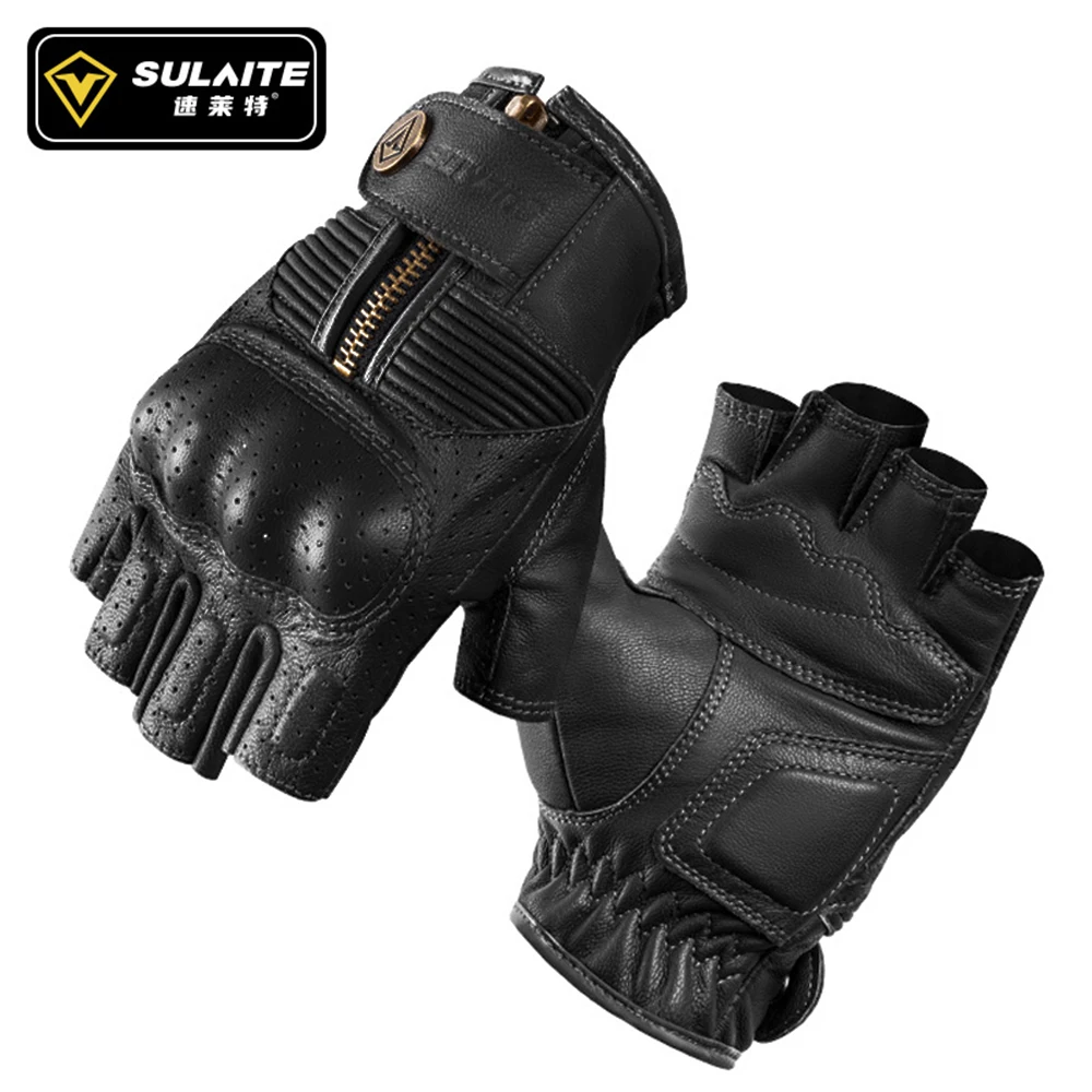 Summer Man Motorcycle Gloves Leather Half Finger Short Gloves Zipper Antique Tactical Luvas De Moto De Couro Meio Dedo Tactic