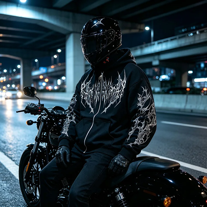 Men Alt Gothic Zip Up Hoodie Y2k High Street American Style Dark Thorn Print Fleece Lined Loose Biker Fall Winter Sweatshirt