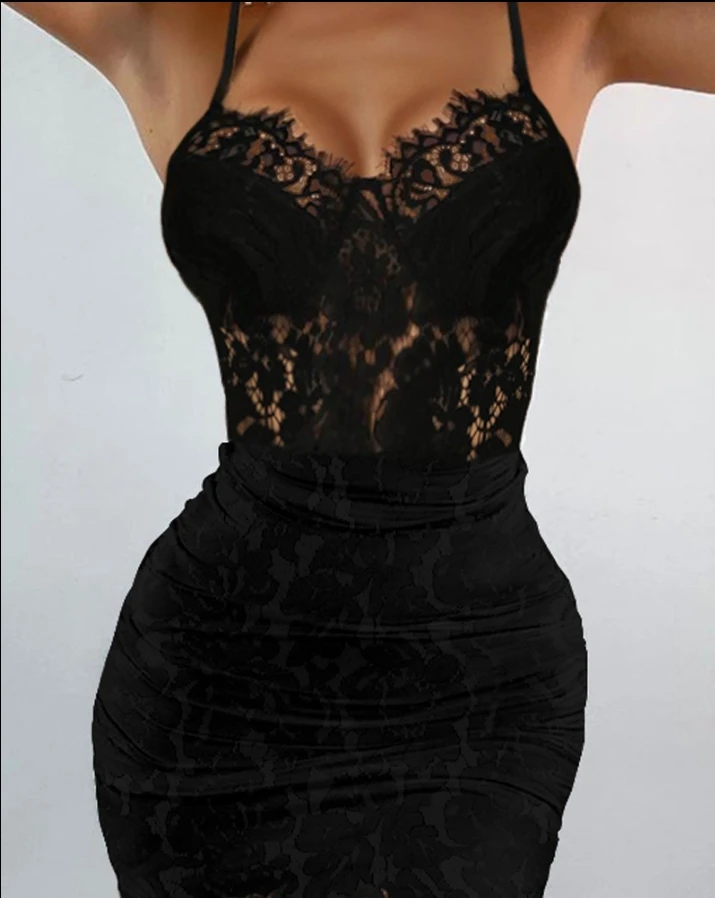 Women Night Out Dress 2024 Spring Summer Latest Going Out Party Sexy Party V-Neck Spaghetti Strap Eyelash Lace Mini Dress Short