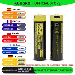 Kuugro  USB 18650 Battery with PCB 3.7V 2500mAh Type-C Rechargeable Li-ion Battery for Flashlight Microphone Fan Electric Razor