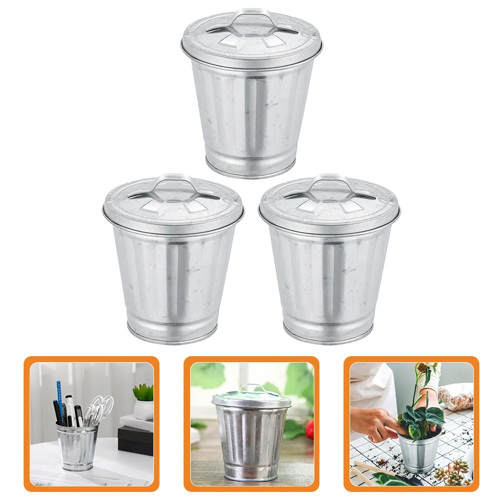 3 Pcs Penholder Mini Trash Can Office Toy Countertop Iron Desktop Garbage Container Flowerpot Can with Lid Decorate Miniature - Image 4