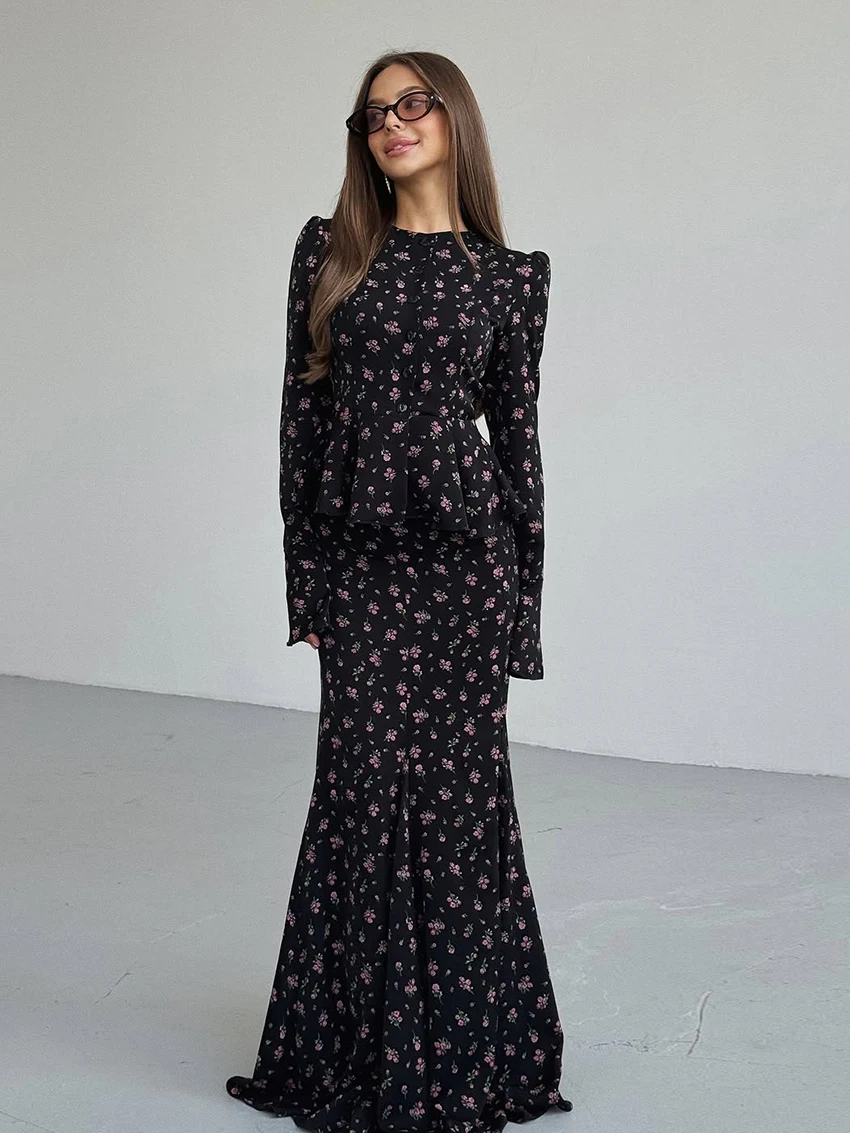 

Marthaqiqi модный женский пижамный костюм с круглым вырезом, одежда для сна, ночные рубашки с длинными рукавами, длинные юбки с принтом, зимние женские комплекты ночного белья