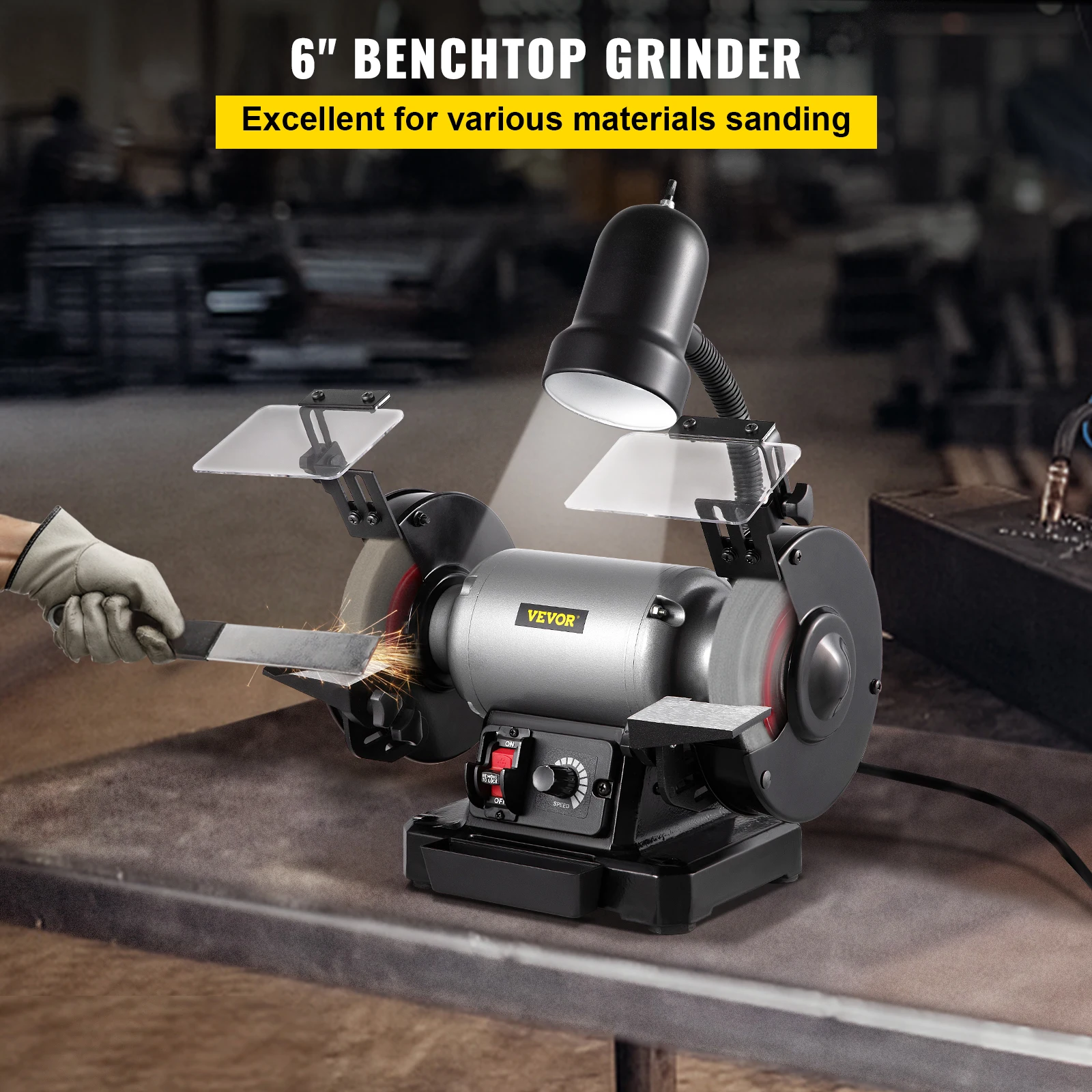 VEVOR 750W Bench Grinder with Lamp Variable Speed Benchtop Sharpener 30/60 Grit 6in Grinding Wheels DIY Metal Grinding Machine