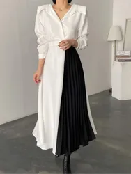 Abito da donna elegante Patchwork A-line Midi nero bianco OL pieghettato manica lunga primavera autunno abiti abiti moda femminile