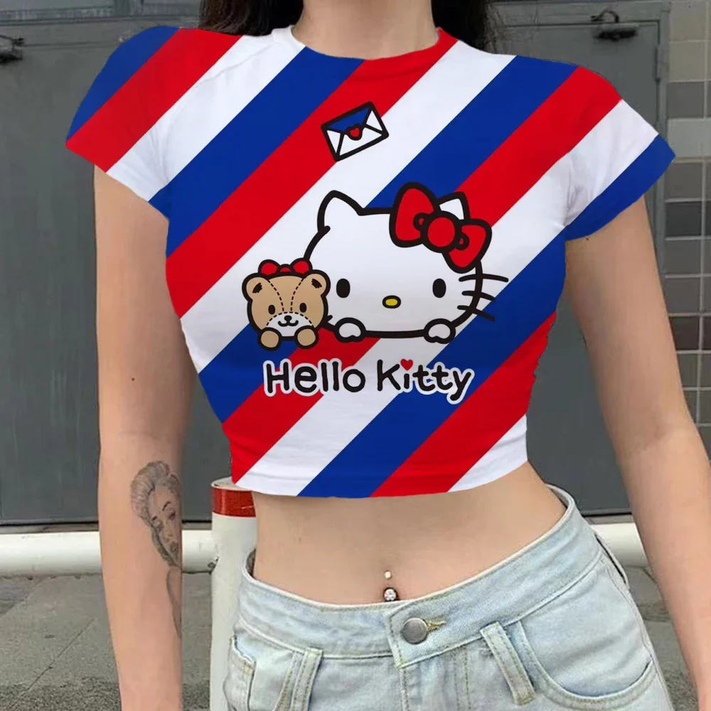 Women's T-shirt Slim Fit Y2k Party T-shirts Hello Kitty Fashion Woman Blouses 2024 Hello Kitty Crop Top Print Clothes Sexy 3XL