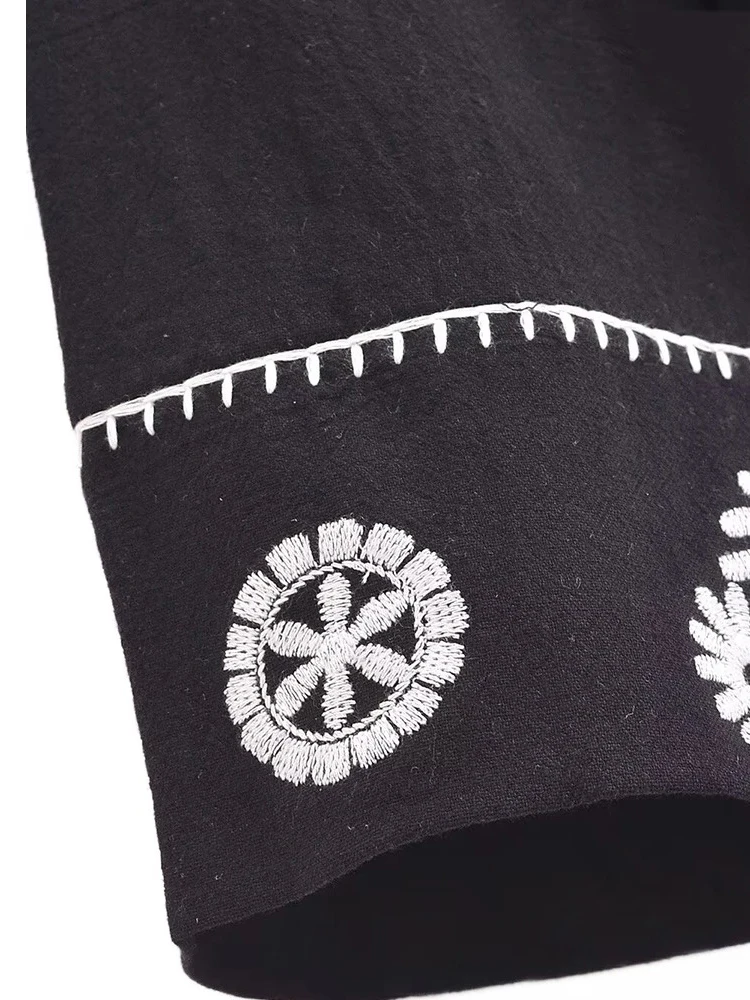 트라프 자 여성 빈티지 자수 타이 탑 스트리트 우아한 라운드 넥 카디건 긴 소매 셔츠 여름 캐주얼 블랙 루즈 탑 세련된 통근자 컴포트 셔츠