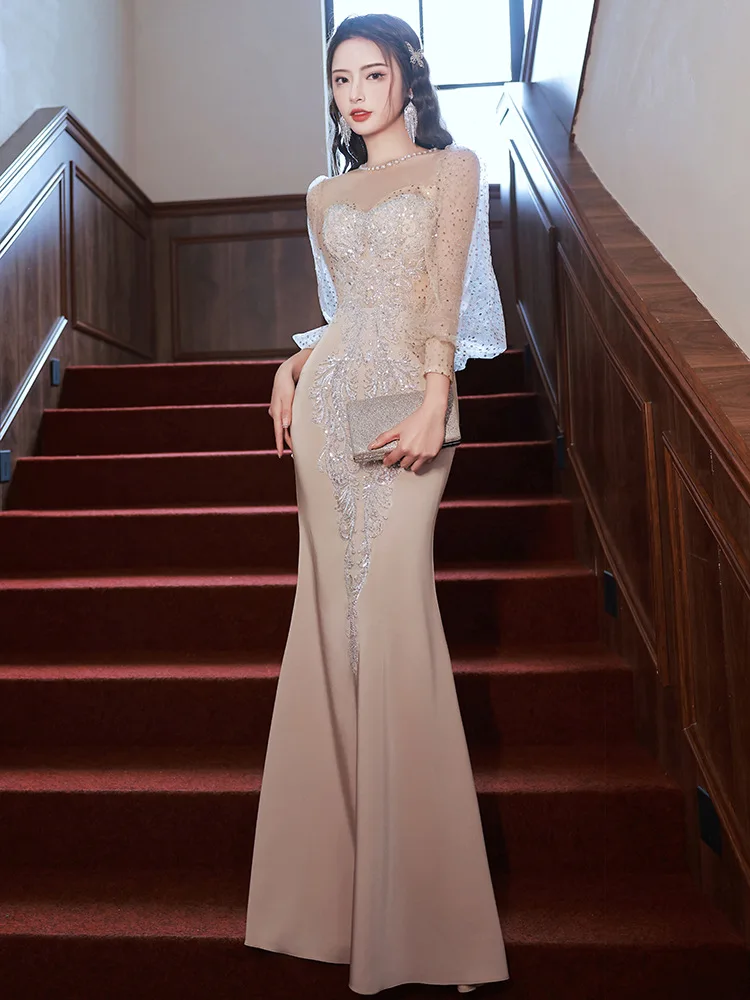 Evening dress annual meeting long-sleeved light luxury niche French elegant high-grade fishtail dresses female l0902