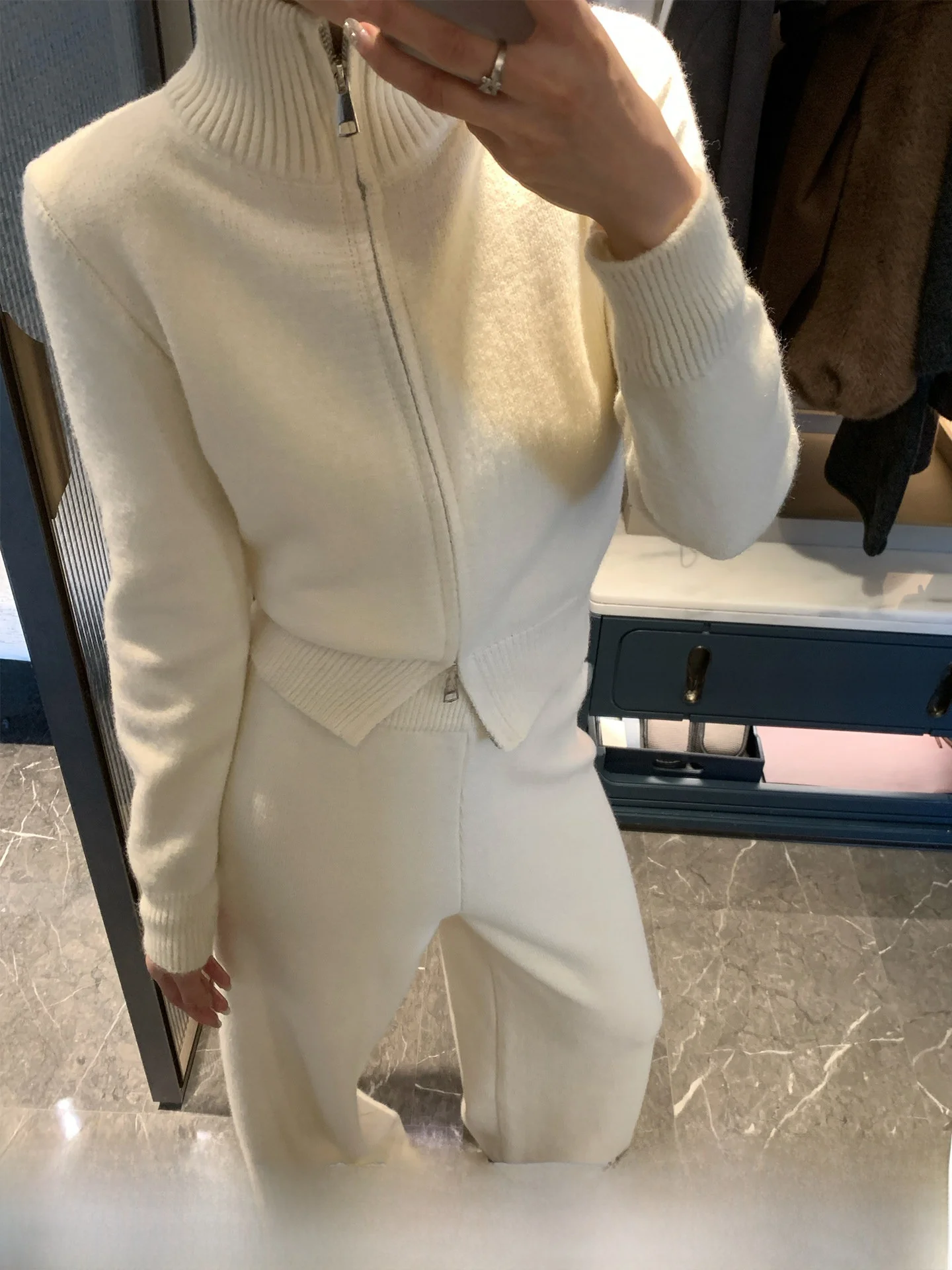 

Gv Big Brother Knitted Double Zipper Stand Collar Casual Pants Set Autumn Winter Fashion Women's High Waist Long Sleeve Outfit