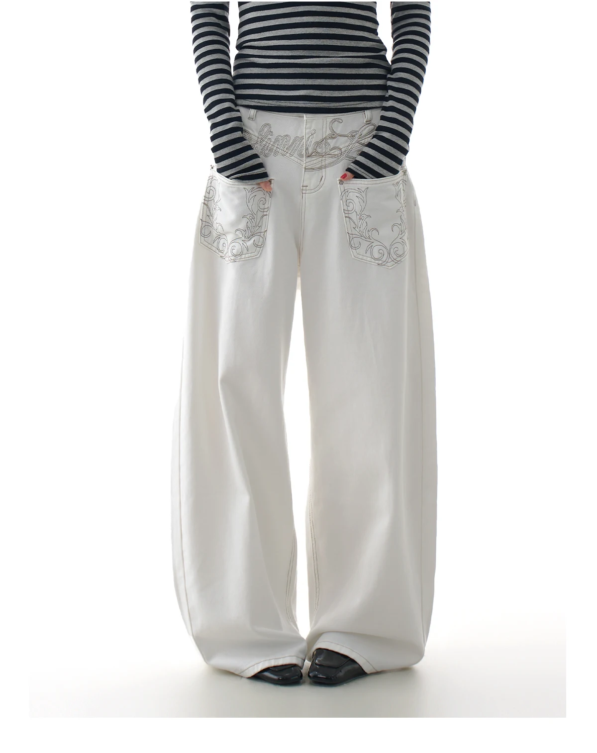 ZHISILAO جديد التطريز الأبيض واسعة الساق مستقيم الجينز النساء خمر عادية فضفاض فضفاض كامل طول الدينيم السراويل الشارع الشهير 2025