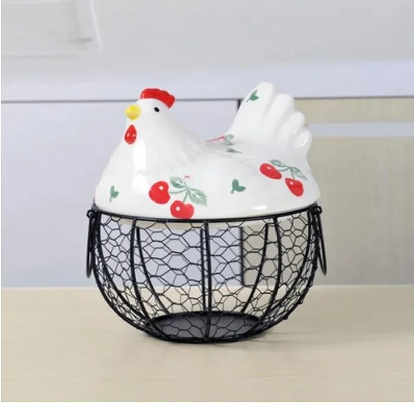 Storage Box Kitchen Ceramic Hen Storage Decorative Accessories Ceramic Iron Egg Basket Fruit Basket Garlic Potato Sundries