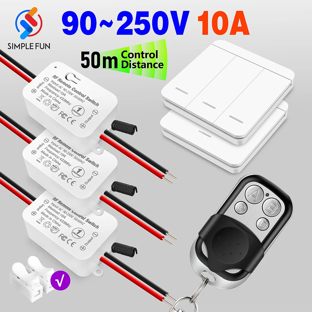 Wireless Remote Control Smart Light Switch RF 433MHz 110V 220V 10A Mini Receiver Module,50m Transmitter,for Lamp LED Fan ON/OFF