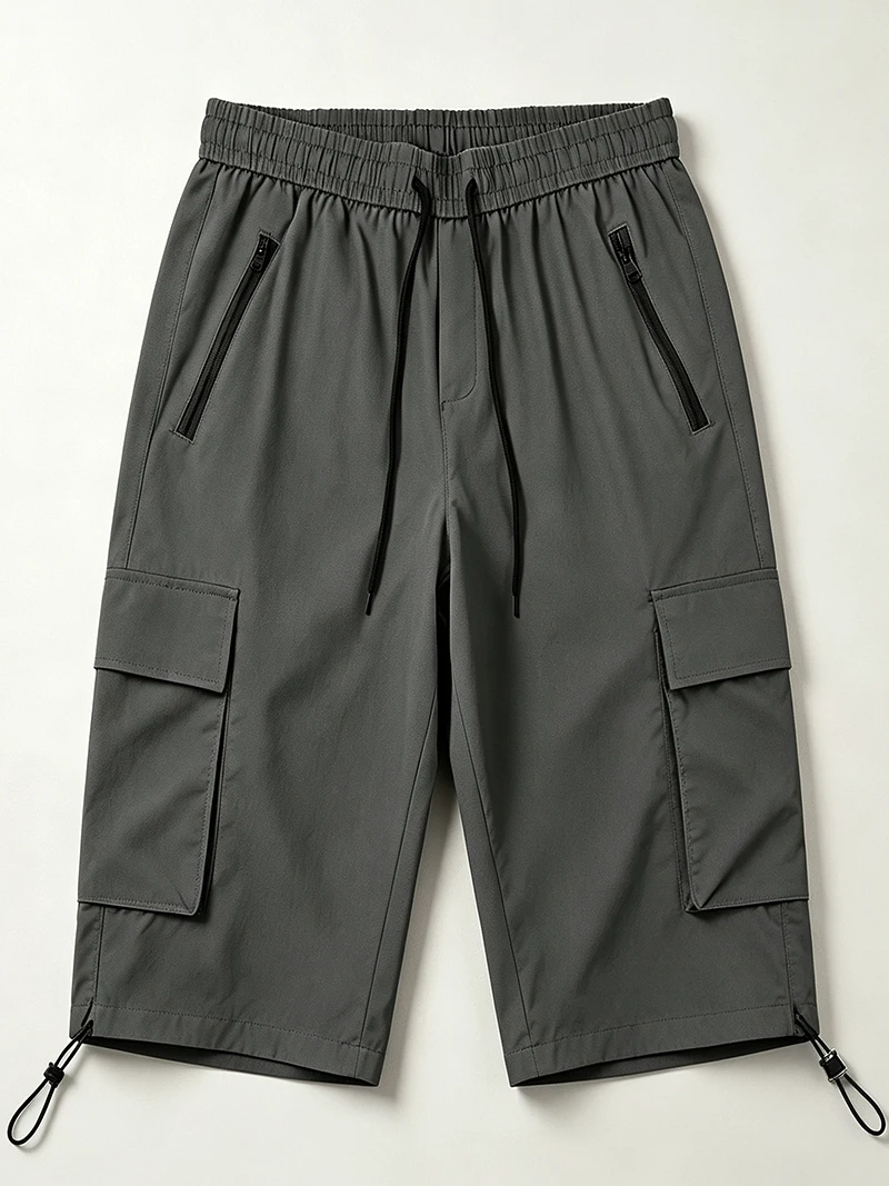 Herren Sommer Cargo Caprihose mit Reißverschlusstaschen, regulärer Passform, elastischem Bund, Kordelzug am Saum, für Freizeit, Outdoor, Wandern, Reisen und Alltag. – Detail 6