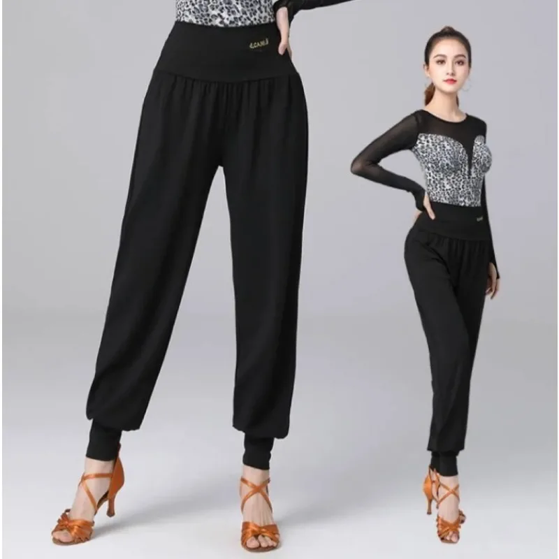 

Леопардовые брюки для латинских танцев, женские новые свободные брюки с высокой талией для бальных танцев, ча-ча, румба, самба, тренировочная одежда, черные брюки