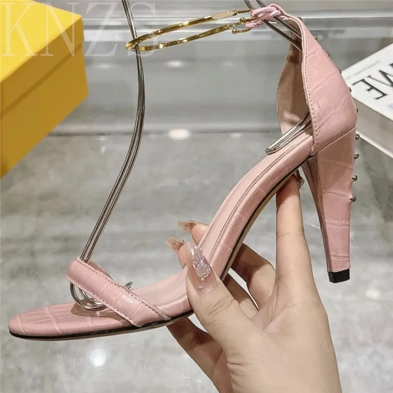 

Summer New Round Toe Fashion Super High Heel Sandals Women Elegant Genuine Leather Solid Color Metal Decor Sexy Party Shoes 2024