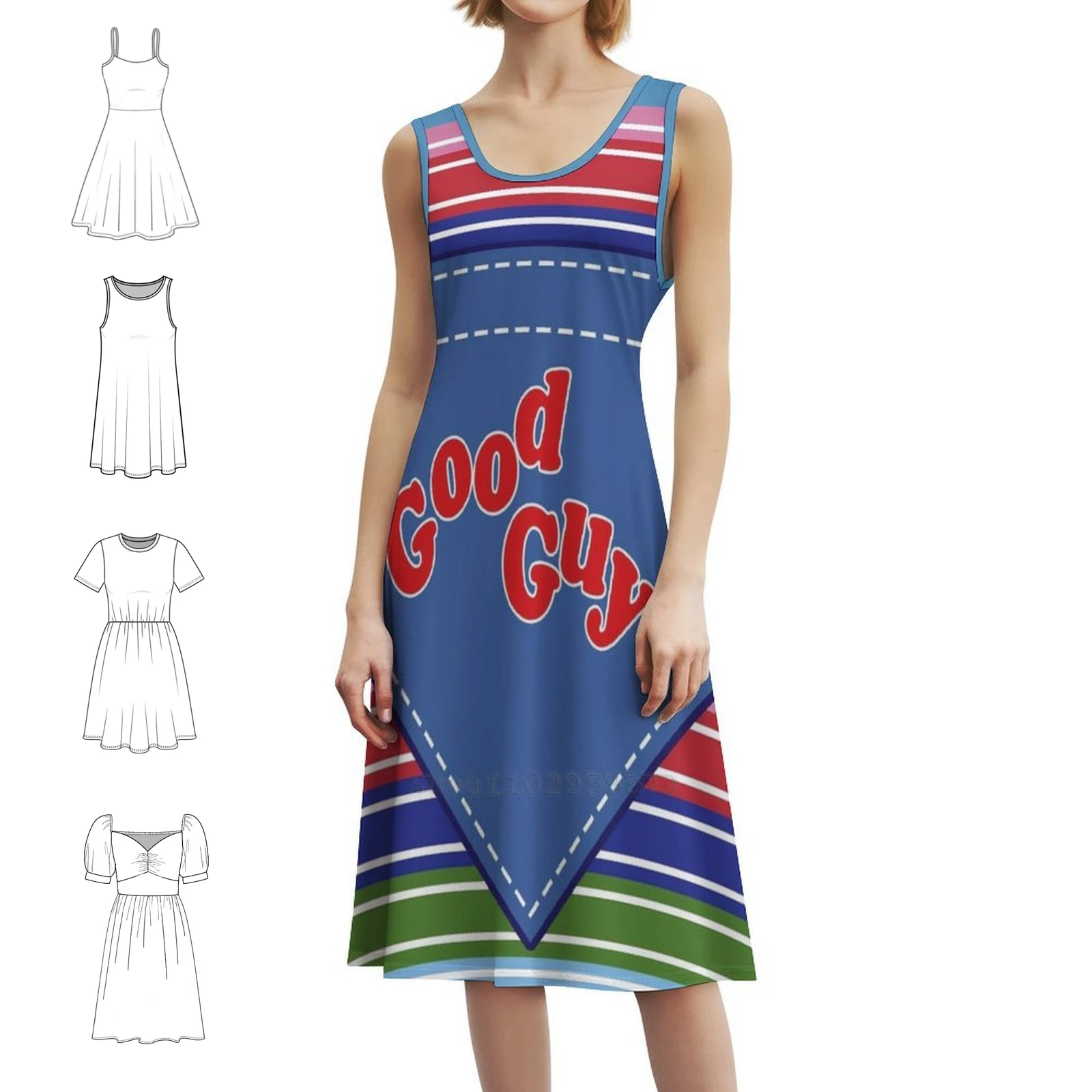 

Hi Wanna Play  Bohemian Sleeveless Dress For Women Print Beach Party Dresses Chucky Childs Play Good Guys Slasher Woman Clothes