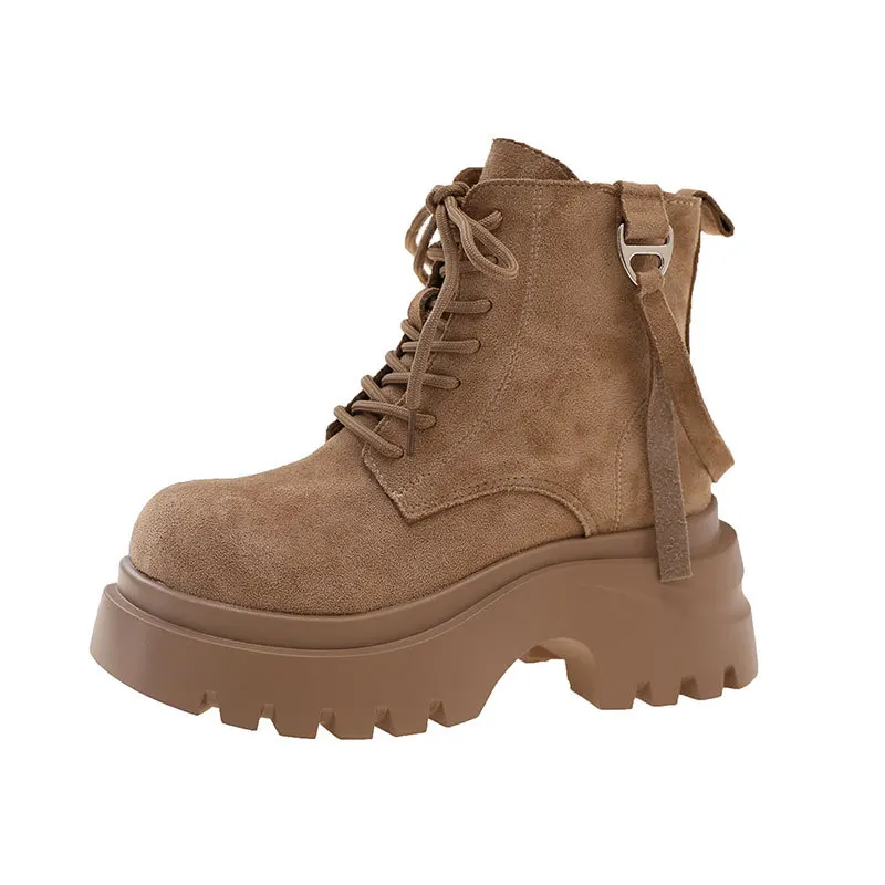 

Super Hot Maillard Boots Women's 2025 New Height Increasing Versatile Yellow Boots Retro Lace Up Short Boots Platform Shoes