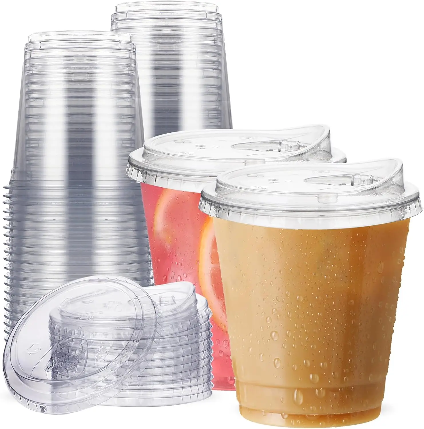 12 oz Clear Plastic Cups with Strawless Sip Lids, 25 Sets Disposable Iced Coffee Cups for Smoothie, Milkshake, Party, Wedding