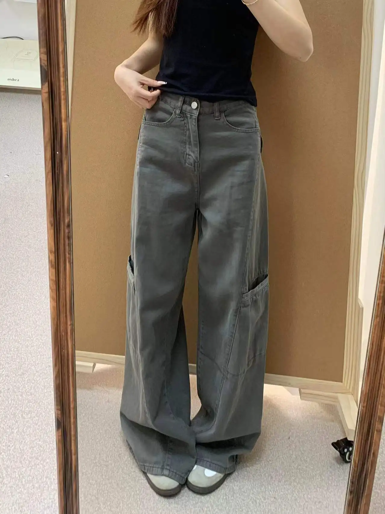 ay Denim Work Pants Women's Loose American Retro High Waist plus Size Slimming Wide Leg Trousers for plus Size Women