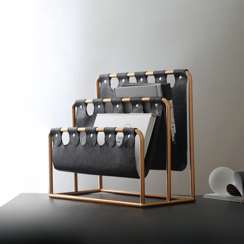 Light luxury soft decoration, wrought iron brown leather magazine rack, post-modern European home decoration