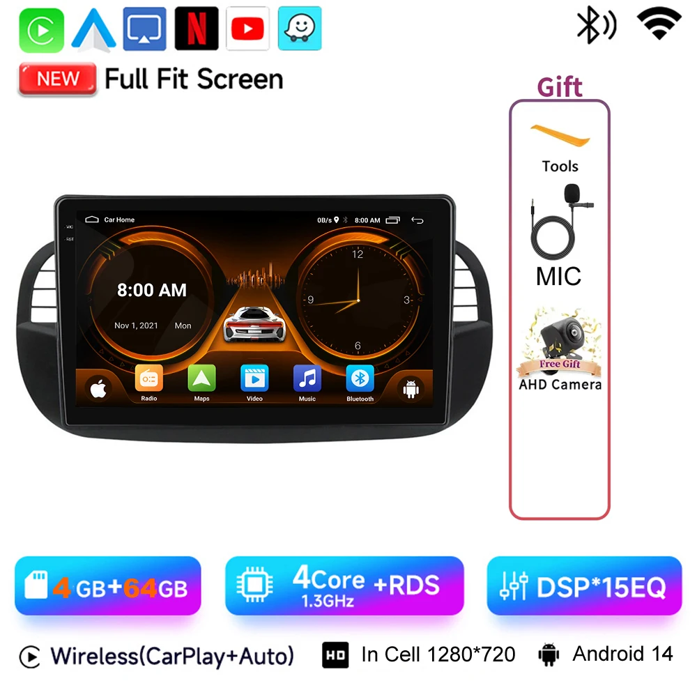 JIUYIN 9 "Android 15 Autoradio Voor FIAT 500 2007-2015 Multimedia Draadloze CarPlay Android Auto GPS Navigatie 4G Stereo Scherm